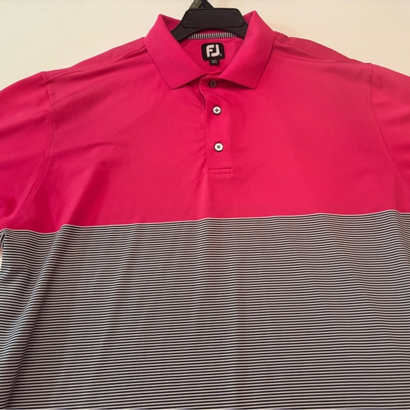 FootJoy Golf Polo Shirt Men’s XL Pink & Navy Striped Performance Stretch - Picture 4 of 6